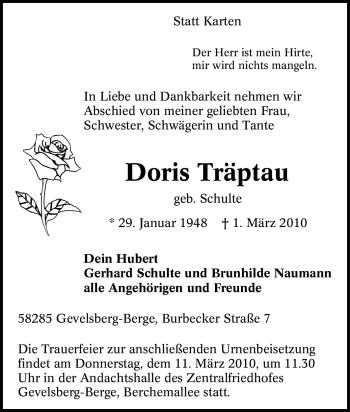 Traueranzeige von Doris Träptau von Tageszeitung