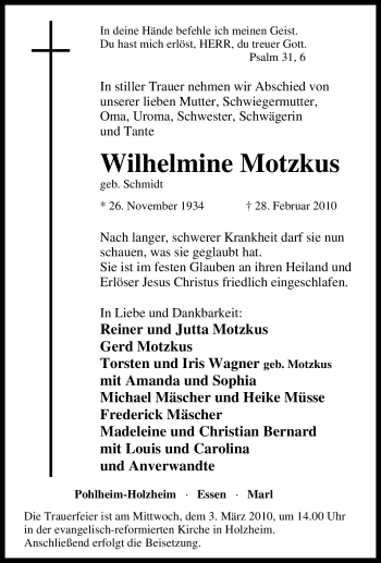 Traueranzeige von Wilhelmine Motzkus von Tageszeitung