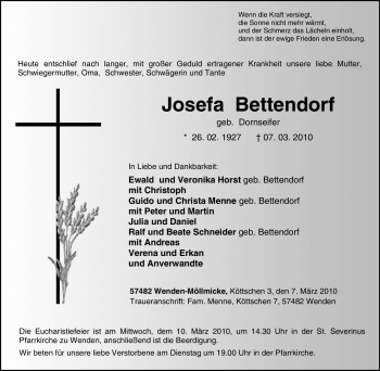 Traueranzeige von Josefa Bettendorf von Tageszeitung