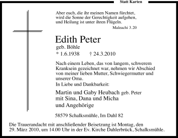 Traueranzeige von Edith Peter von Tageszeitung