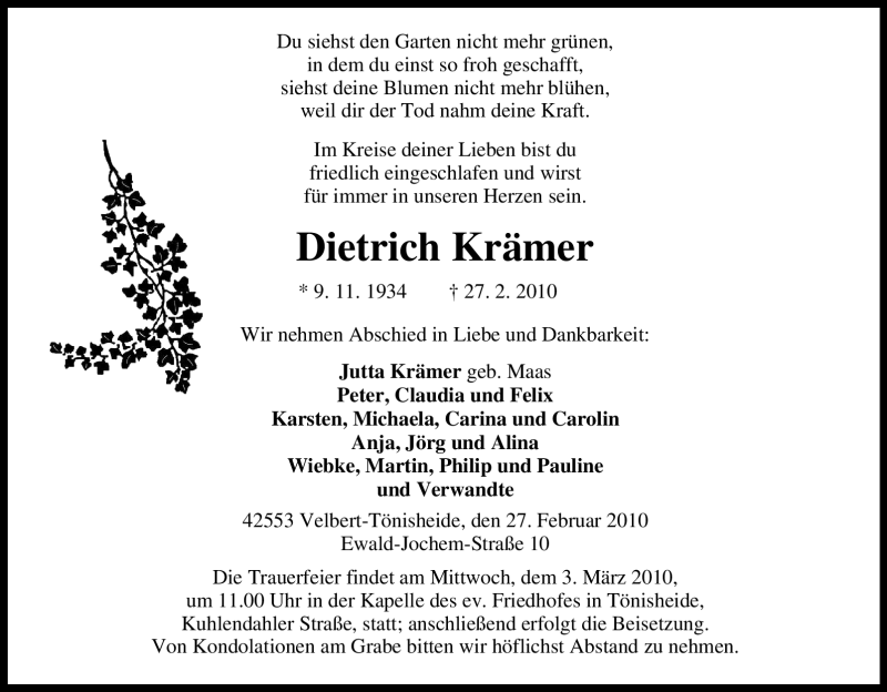  Traueranzeige für Dietrich Krämer vom 02.03.2010 aus Tageszeitung