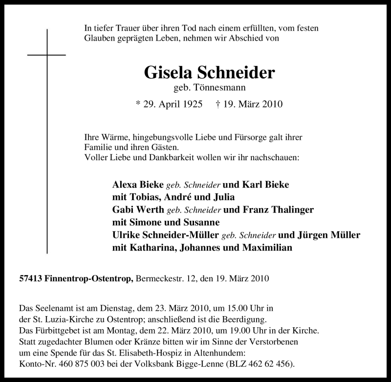  Traueranzeige für Gisela Schneider vom 22.03.2010 aus Tageszeitung