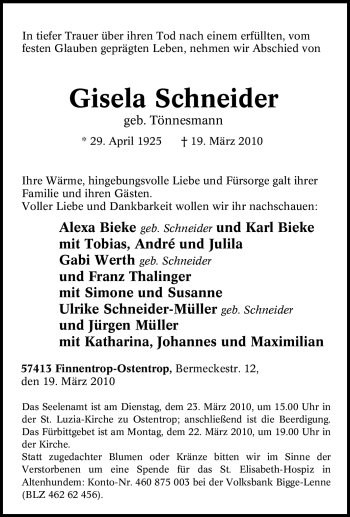 Traueranzeige von Gisela Schneider von Tageszeitung