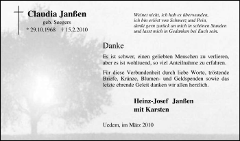 Traueranzeige von Claudia Janßen von Tageszeitung