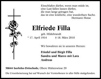 Traueranzeige von Elfriede Filla von Tageszeitung