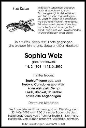 Traueranzeige von Sophia Welz von Tageszeitung