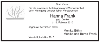 Traueranzeige von Hanna Frank von Tageszeitung