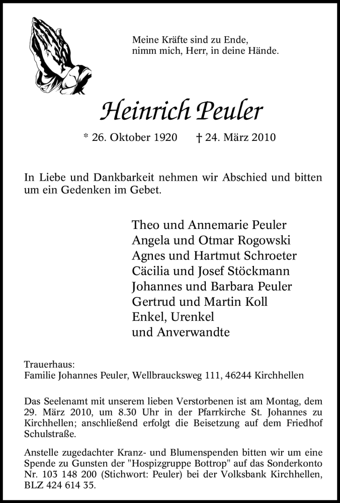  Traueranzeige für Heinrich Peuler vom 26.03.2010 aus Tageszeitung