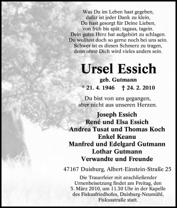Traueranzeige von Ursel Essich von Tageszeitung