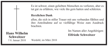 Traueranzeige von Hans Wilhelm Schweitzer von Tageszeitung