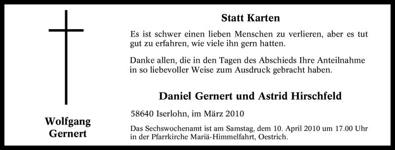 Traueranzeige für Wolfgang Gernert vom 20.03.2010 aus Tageszeitung