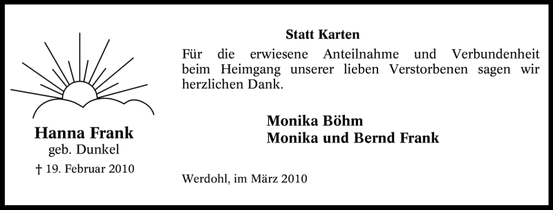  Traueranzeige für Hanna Frank vom 27.03.2010 aus Tageszeitung