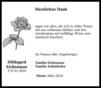 Traueranzeige von Hildegard Eichenauer von Tageszeitung