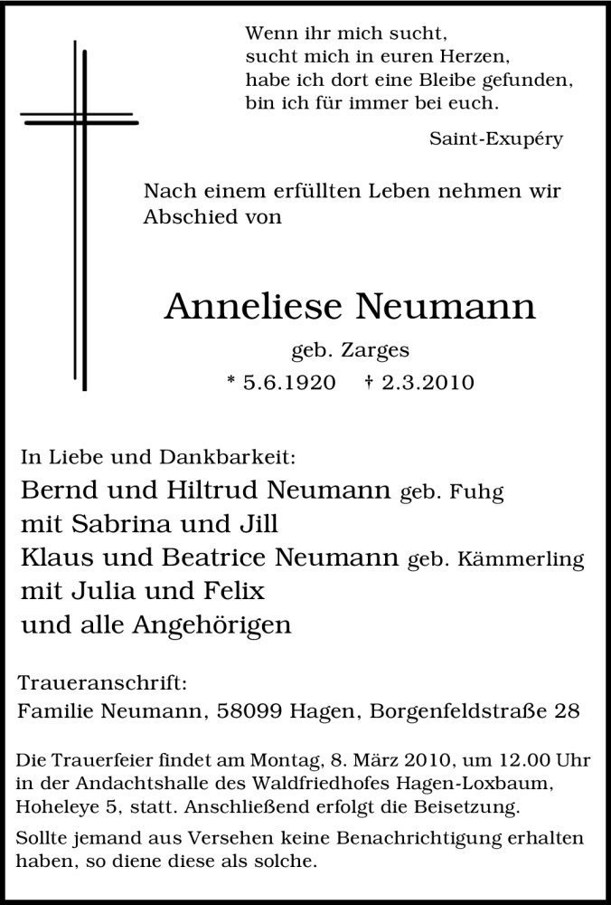 Traueranzeigen von Anneliese Neumann | Trauer-in-NRW.de