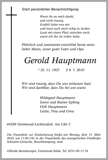 Traueranzeige von Gerold Hauptmann von Tageszeitung