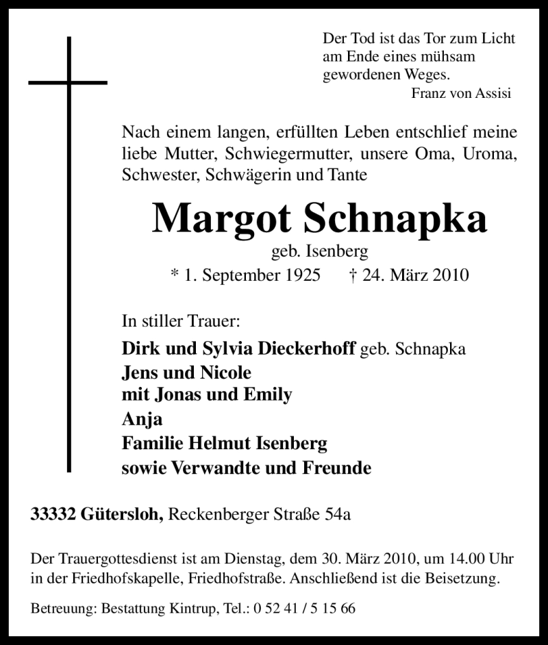  Traueranzeige für Margot Schnapka vom 26.03.2010 aus Tageszeitung