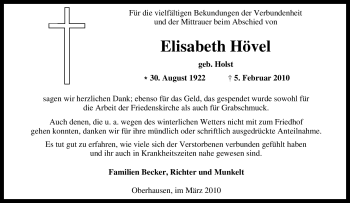 Traueranzeige von Elisabeth Hövel von Tageszeitung