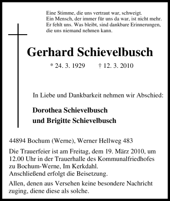 Traueranzeige von Gerhard Schievelbusch von Tageszeitung