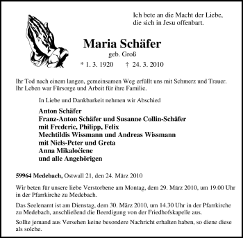 Traueranzeige von Maria Schäfer von Tageszeitung