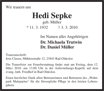 Traueranzeige von Hedi Sepke von Tageszeitung