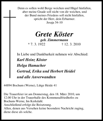 Traueranzeige von Grete Köster von Tageszeitung