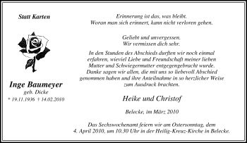 Traueranzeige von Inge Baumeyer von Tageszeitung