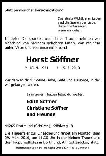 Traueranzeige von Horst Söffner von Tageszeitung
