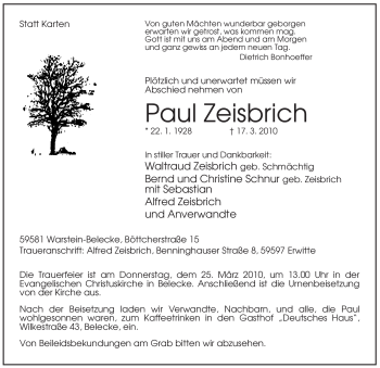 Traueranzeige von Paul Zeisbrich von Tageszeitung