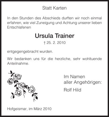 Traueranzeige von Ursula Trainer von Tageszeitung