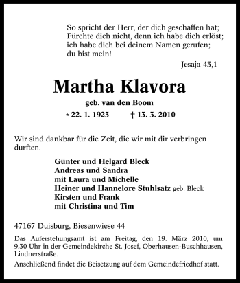 Traueranzeige von Martha Klavora von Tageszeitung