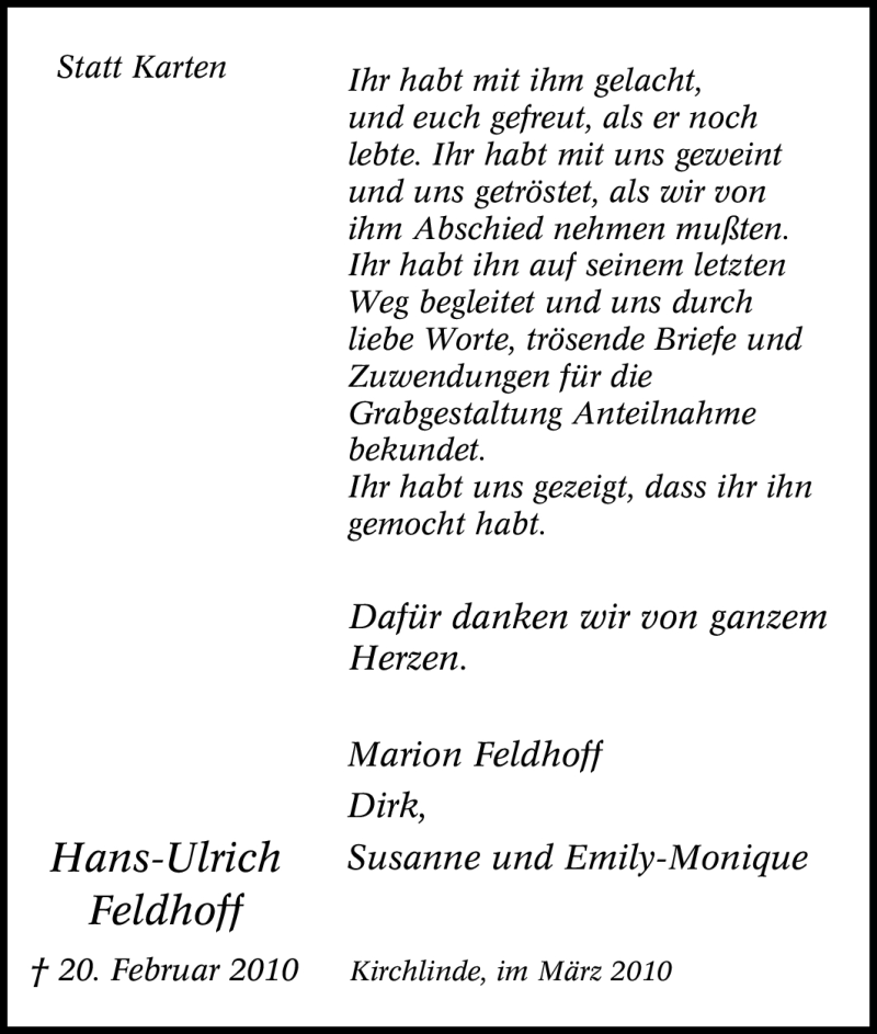 Traueranzeigen von HansUlrich Feldhoff TrauerinNRW.de