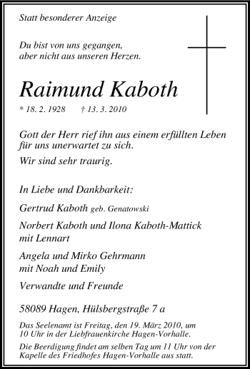 Traueranzeige von Raimund Kaboth von Tageszeitung