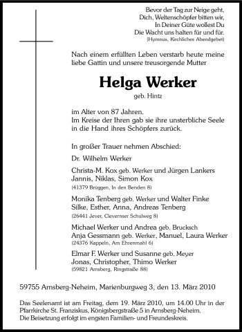 Traueranzeige von Helga Werker von Tageszeitung