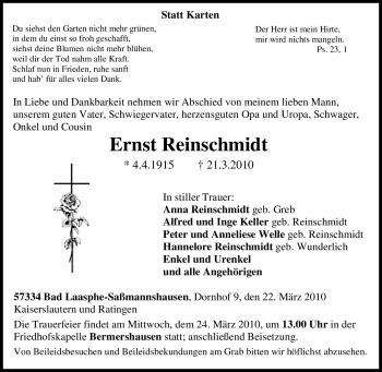 Traueranzeige von Ernst Reinschmidt von Tageszeitung