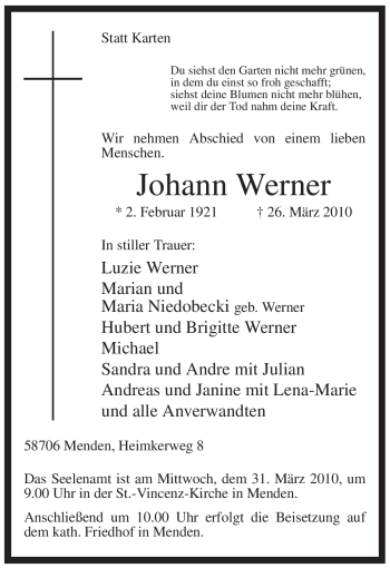 Traueranzeige von Johann Werner von Tageszeitung