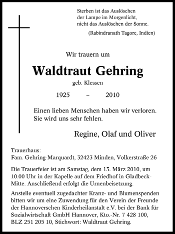 Traueranzeige von Waldtraut Gehring von Tageszeitung