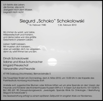Traueranzeige von Siegurd Schoko Schokolowski von Tageszeitung