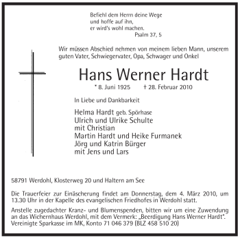 Traueranzeige von Hans Werner Hardt von Tageszeitung