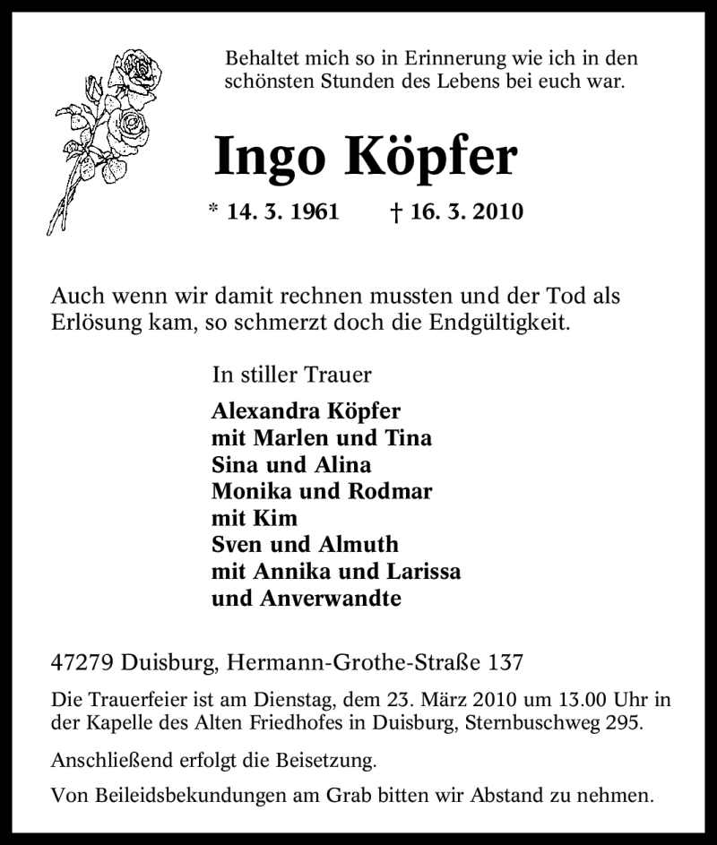  Traueranzeige für Ingo Köpfer vom 19.03.2010 aus Tageszeitung