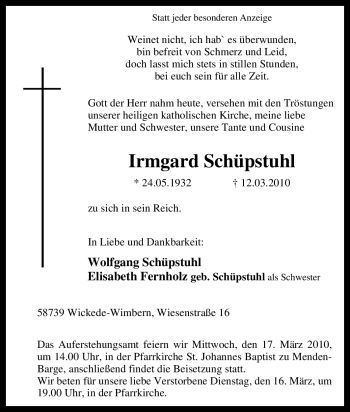 Traueranzeige von Irmgard Schüpstuhl von Tageszeitung