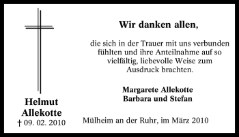 Traueranzeige von Helmut Allekotte von Tageszeitung