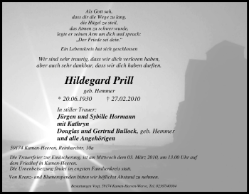 Traueranzeige von Hildegard Prill von Tageszeitung