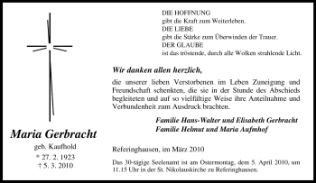 Traueranzeige von Maria Gerbracht von Tageszeitung