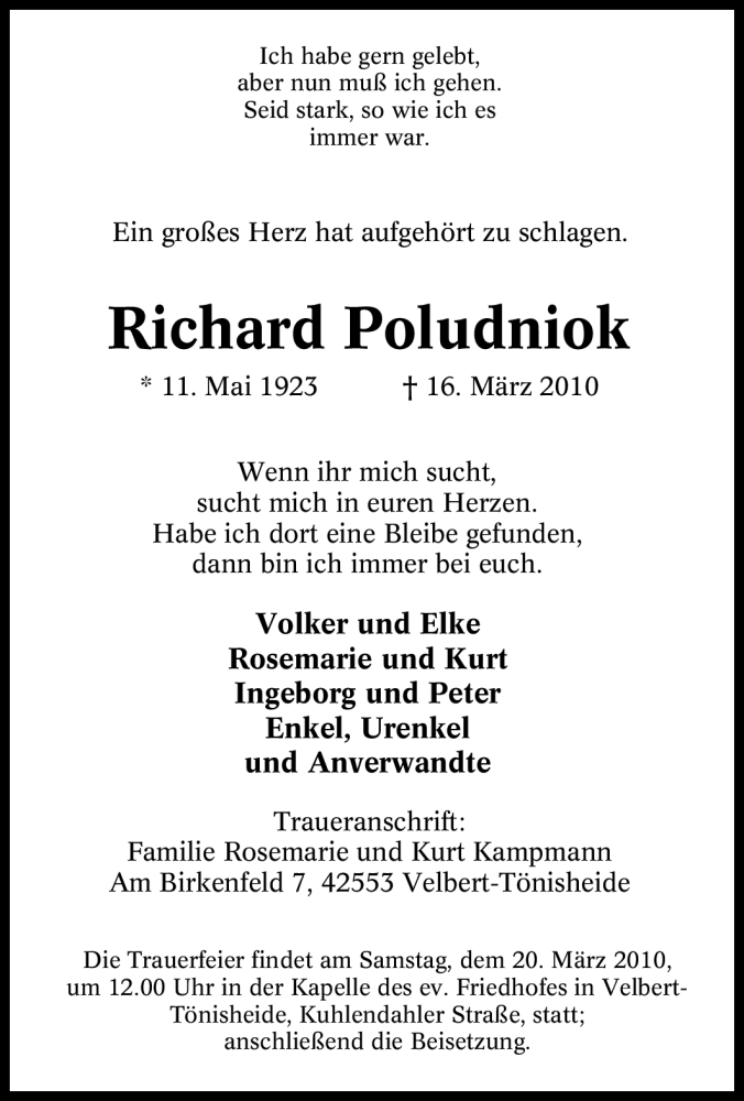  Traueranzeige für Richard Poludniok vom 19.03.2010 aus Tageszeitung