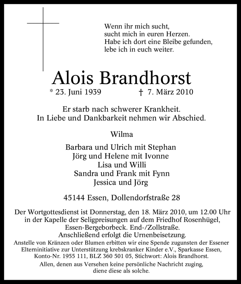  Traueranzeige für Alois Brandhorst vom 13.03.2010 aus Tageszeitung