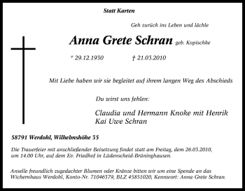 Traueranzeige von Anna Grete Schran von Tageszeitung