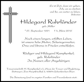 Traueranzeige von Hildegard Ruhrländer von Tageszeitung