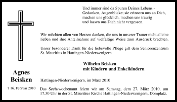 Traueranzeige von Agnes Beisken von Tageszeitung