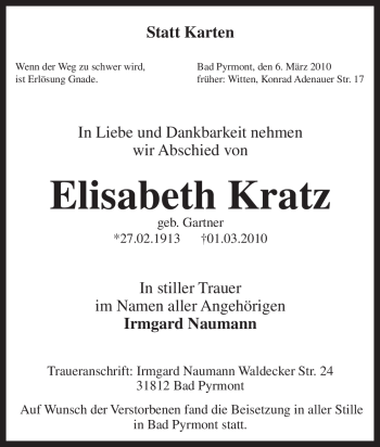 Traueranzeige von Elisabeth Kratz von Tageszeitung