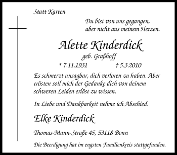 Traueranzeige von Alette Kinderdick von Tageszeitung